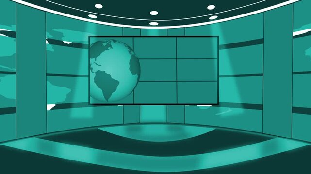 Modern news studio background with globe and screen animation