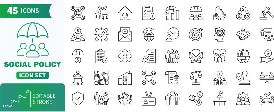 Social policy line icon set with editable stroke. Forty-five line icons showing various depicting protection, support, equality, and law for community welfare