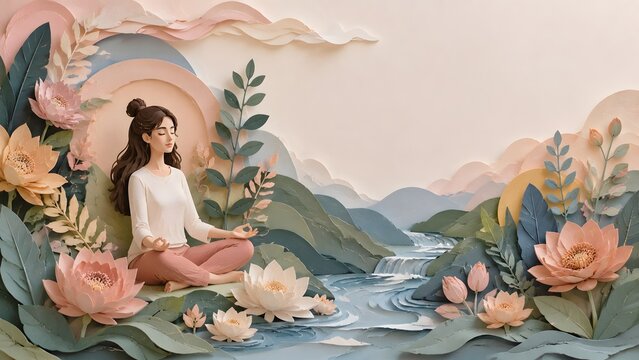 Generative AI artwork featuring a peaceful woman meditating in a layered paper cut scene with flowers, leaves, clouds, and flowing water for International Self-Care Day.