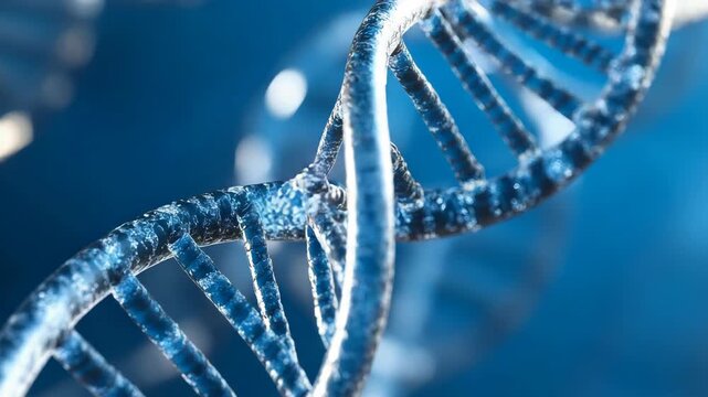 High-resolution digital rendering of a double helix DNA strand, with blue background and sparkle effect for scientific or educational use.