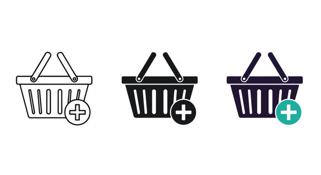Shopping basket plus vector icon set art: Flat illustration, corporate blue, minimalist design - Lifestyle Illustration, Flat Line Art - PNG, SVG, EPS