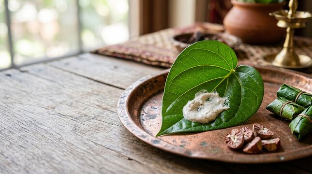 Betel leaf with areca nut on copper plate, traditional Indian