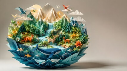 Generative AI artwork featuring an intricate origami natural world made from folded paper with forests, mountains, rivers, wildlife, and clouds for conservation awareness.
