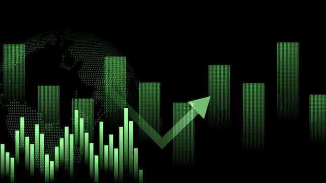 Monochrome financial growth chart with rising arrow animation, Financial chart with rising arrow and vertical bar graphs globe silhouette behind dots