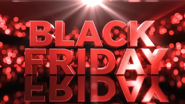 Red 3D Black Friday text with bokeh lights and reflection