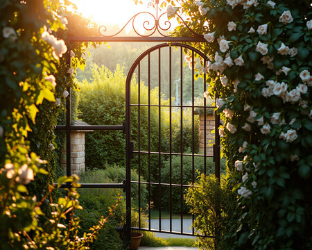 Portail en fer forge baigne dans la lumiere doree de l'heure magique, entouree de roses blanches et vegetations verdoyantes, ambiance romantique et enchanteresse de jardin secret en ete