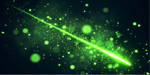 A vibrant streak of neon green light, resembling a shooting star, cuts through a dark, ethereal backdrop filled with sparkling particles and bokeh lights, evoking a sense of wonder and cosmic energy. © Julya