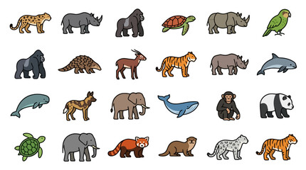 Fototapeta premium Vector Icons Colorful Illustrated Collection Of Wild Safari Animals. EPS Editable