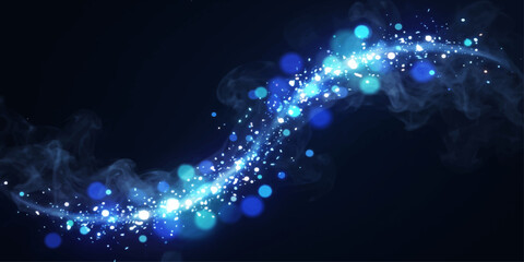 An abstract swirling wave of blue and white light particles with glowing bokeh effects on a dark background, suggesting magic or energy. © Julya
