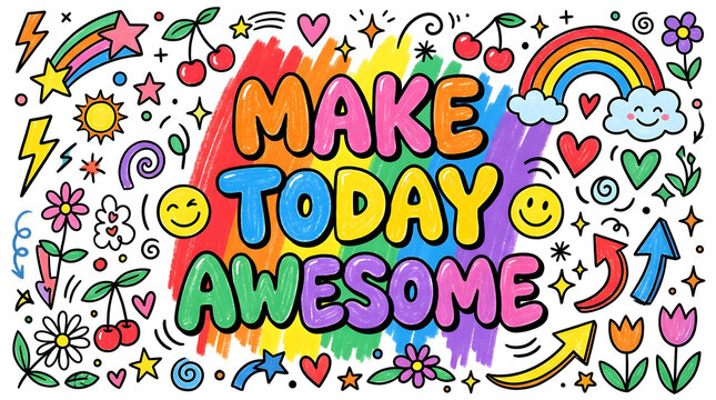 Make Today Awesome Colorful Doodle Typography with Rainbow Crayon Brush Strokes, Cute Smiley Faces, Rainbow, Hearts, Flowers and Hand Drawn Decorative Elements on White Background