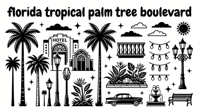wide florida boulevard lined with towering royal palm trees landscaped gardens luxury resorts decorative lighting and bright tropical skies creating an elegant coastal streetscape