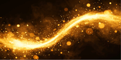 Golden sparkling light wave with dust and bokeh on a dark background, abstract and magical. © Julya
