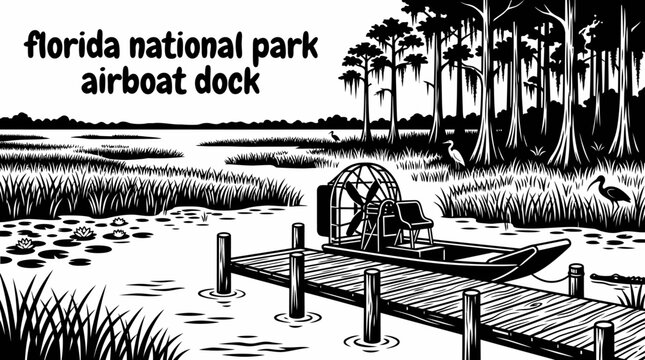 wooden airboat dock in the florida everglades surrounded by sawgrass wetlands cypress trees quiet waterways and protected wildlife habitat creating an iconic subtropical adventure destination vector