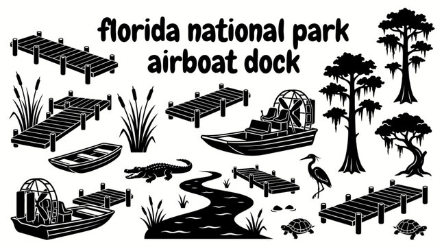 wooden airboat dock in the florida everglades surrounded by sawgrass wetlands cypress trees quiet waterways and protected wildlife habitat creating an iconic subtropical adventure destination vector