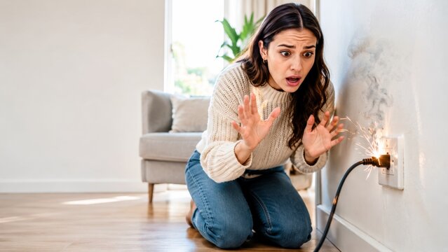 Woman horrified by a sparking electrical outlet with smoke. Dangerous electrical accident at home, home safety issue.