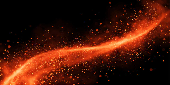 An abstract wave of fiery orange particles swirls and dances against a dark, cosmic backdrop, evoking a sense of energy and motion.