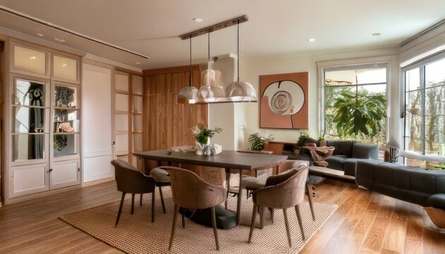 Elegant Dining Room with Modern Chandelier and Large Windows.