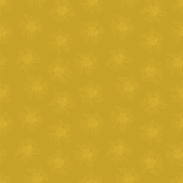 Seamless yellow, floral pattern with dandelion flowers in a single line. Vector illustration.