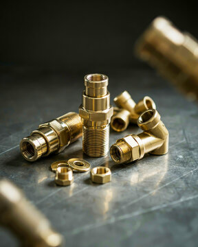 Brass plumbing fittings arranged on a scratched metal surface indoors.