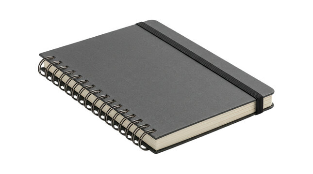A closed grey notebook with a spiral binding and an elastic closure strap for daily notes and personal writing plans isolated on transparent background