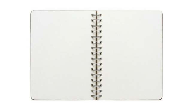 Open notebook with blank pages and spiral wire binding laying flat for writing notes and creative drawing projects isolated on transparent background