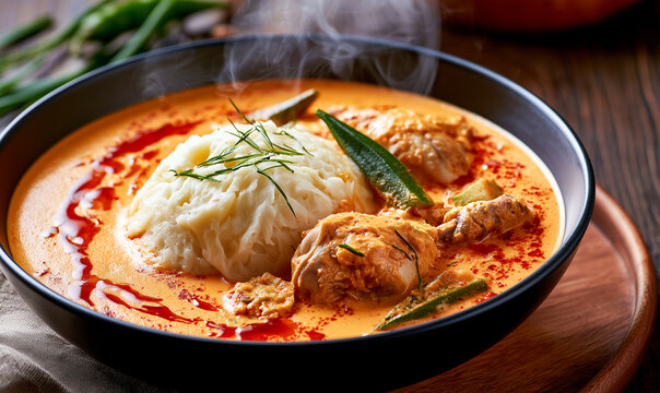 Traditional Ghanaian groundnut peanut soup with a smooth mound of fufu dough