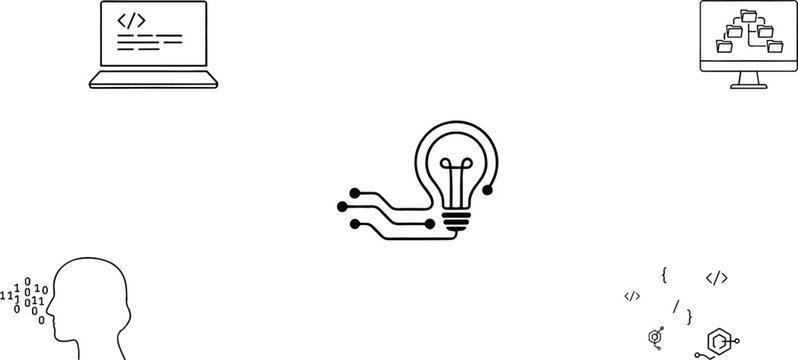 Software engineering web development coding and artificial intelligence innovation line icon set for digital tech graphic elements.