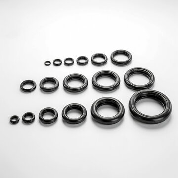 Various sizes of black O-rings arranged on a white surface for inspection