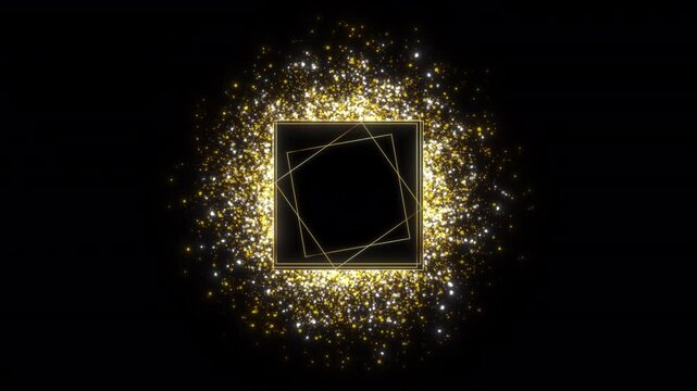 Luxury golden particle square frame animation with elegant shimmering geometric borders on alpha channel loop.