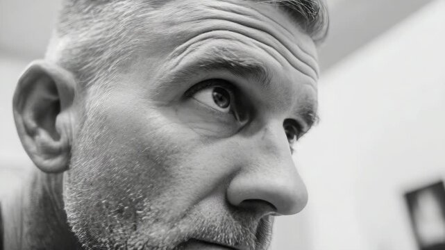 Close-up portrait of middle-aged man with wrinkles and stubble