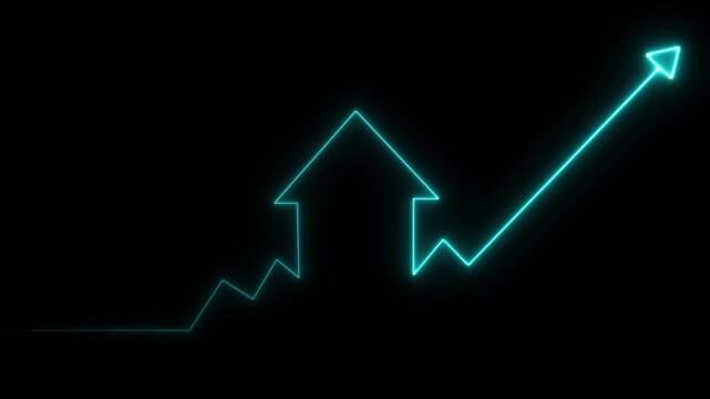 House icon and up arrow. The glowing and neon light of the home with an upper arrow graph. Glowing neon line Map pointer with house icon. Abstract green neon home icon background