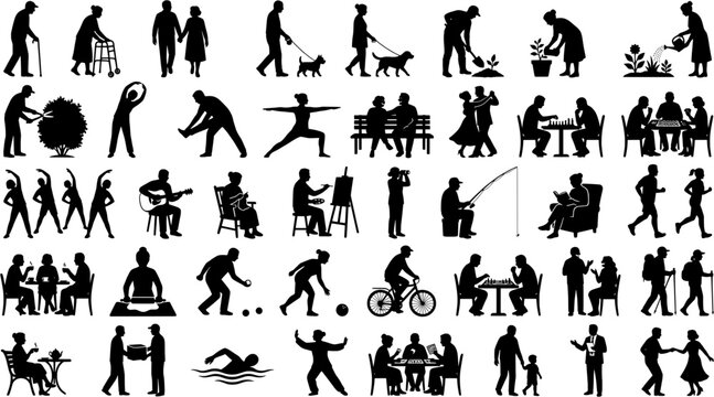 Diverse People Silhouettes Engaging in Various Hobbies and Daily Activities