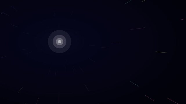 Neon multicolor off-center warp hyperspace background on indigo dark, warp speed motion loop