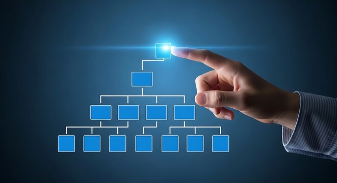 A human hand touching a glowing blue digital organizational chart hierarchy on a dark background, representing business management structure