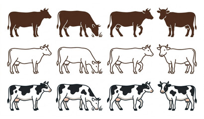 Farm Cow Collection with Different Standing Grazing and Calf Poses Hand Drawn Livestock Illustrations Set © Keyapayal