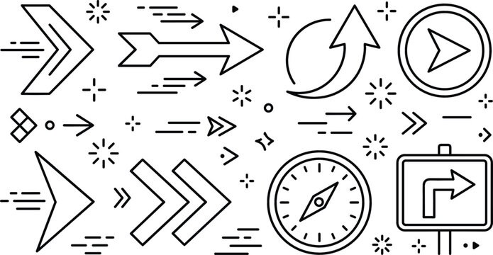 Directional arrow indicator and navigation compass line icon set for graphic presentation road sign interface vector elements.