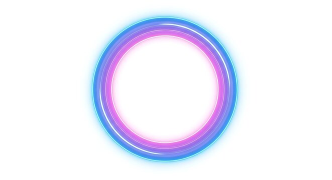 Glowing circular frame with neon blue and pink light rings on a clean white background, abstract light effect for digital composition usage