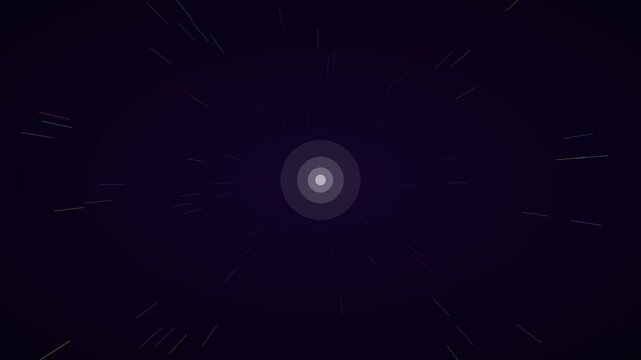 Neon multicolor burst speed lines hyperspace background on deep purple, warp speed motion loop