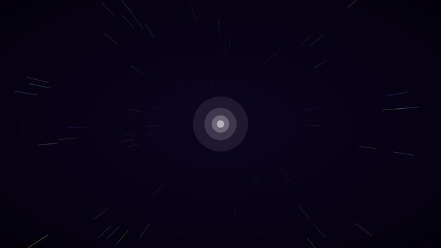 Neon multicolor burst speed lines hyperspace background on dark violet, warp speed motion loop