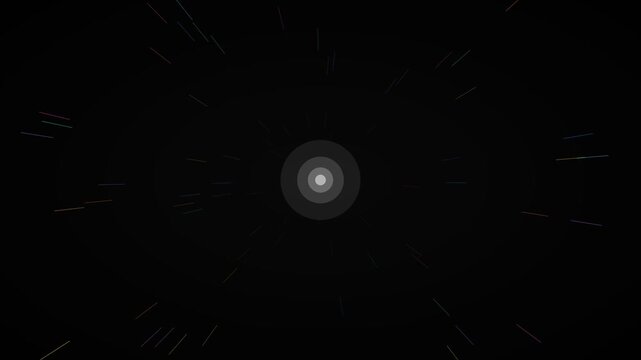 Neon multicolor burst speed lines hyperspace background on black, warp speed motion loop