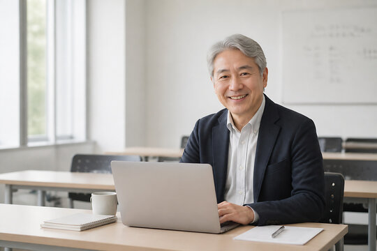 An older Asian man in a suit is smiling while sitting at a desk with a laptop in a bright, modern classroom.