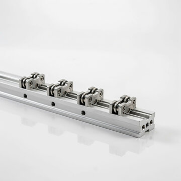 A close-up view of a metal linear motion system on a white surface