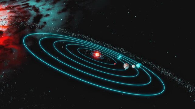 Solar system orbits diagram animation with glowing rings. Educational outer space infographic.