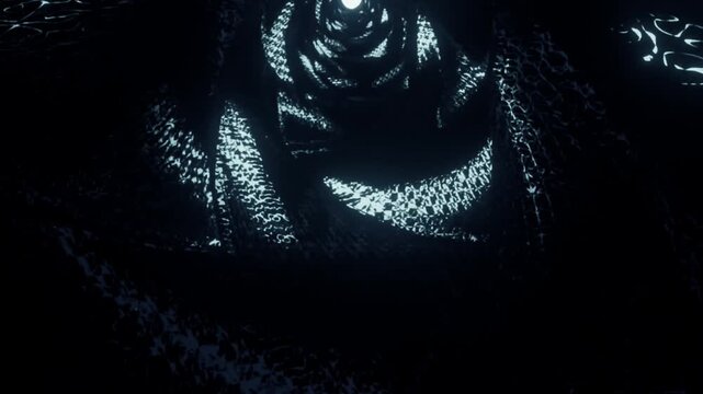 Dark metallic liquid tunnel abstraction. Abstract animation of glowing chrome vortex loop.