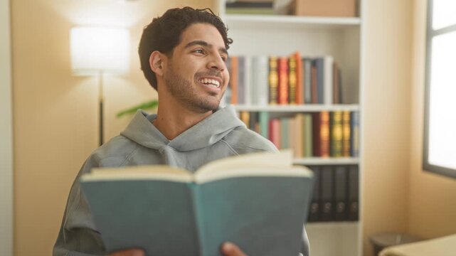 Man reading book, hands holding open book while smiling with bookshelf and lamp visible in a study building; calm concentration.
