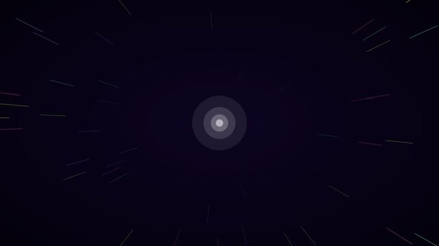 Neon multicolor long light streaks hyperspace background on dark violet, warp speed motion loop