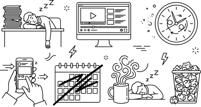 Office burnout and chronic work procrastination line icon set for time management stress vector web graphic elements.