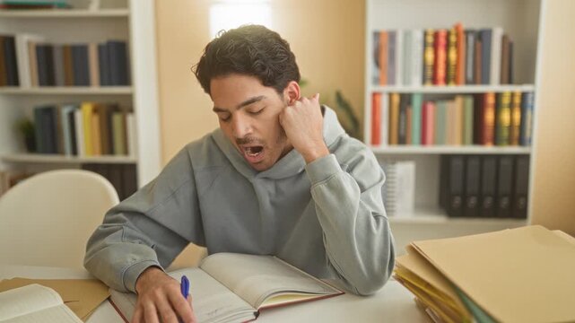 Man studying with hands on cheeks and open book at desk, pen and folders visible in building; concentration fatigue.