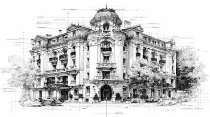 Fototapeta premium Refined Charcoal Building Sketch Glass Steel Structure