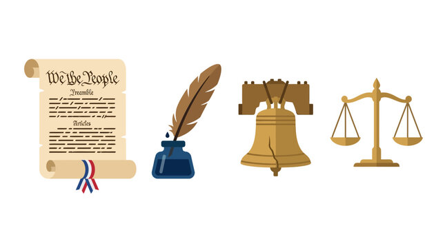 The Declaration of Independence document lies on a table with a quill pen, Liberty Bell, and scales of justice.